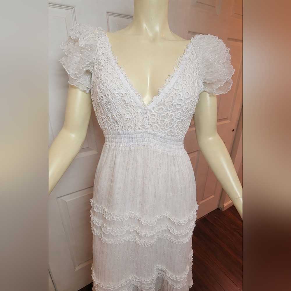Anthropologie BHLDN SAGE X Free People ONE White Lace Dress with Puff Sleeves